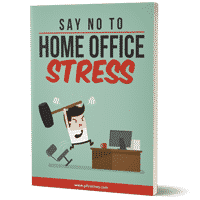 Book cover titled "Say No to Home Office Stress" with cartoon.