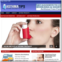 Woman using asthma inhaler, health website interface.