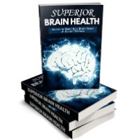 Books titled "Superior Brain Health" with glowing brain illustration.