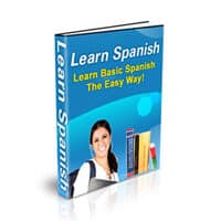 Learn Spanish book cover with smiling woman and books.