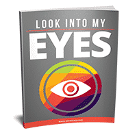 Colorful "Look Into My Eyes" book cover with eye graphic.