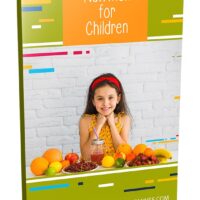 Girl beside colorful fruits promoting child nutrition.