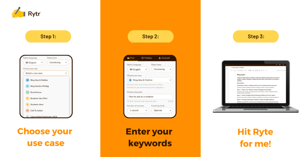 Three-step content creation guide with Rytr software.