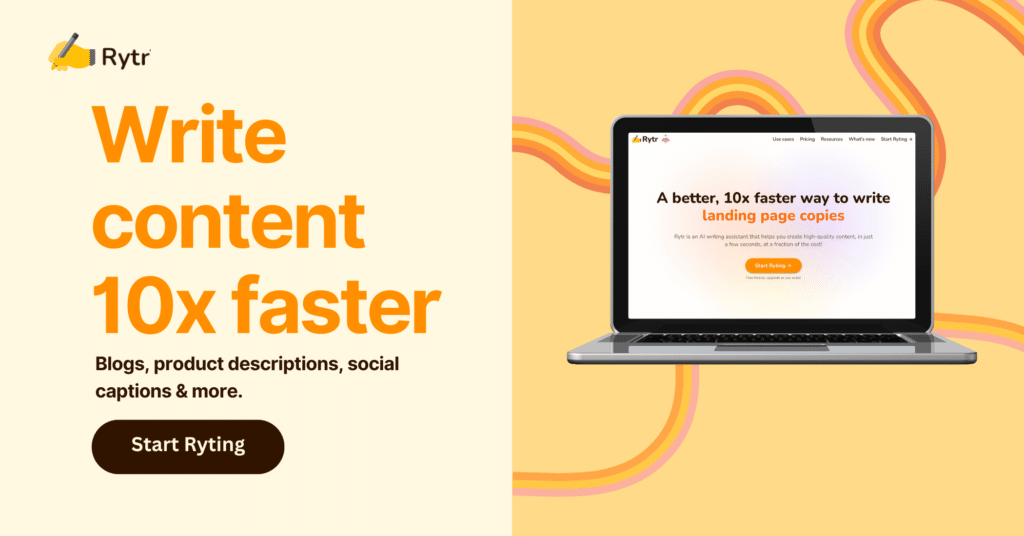 Ad for Rytr content creation tool on laptop screen.