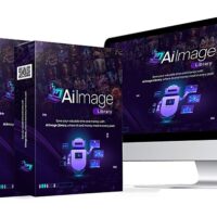 AI Image Library software on computer and product boxes.