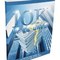 Guidebook cover, '10K in 90 Days', with money and skyscrapers.