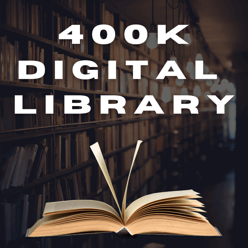 Open book in bookshelf-lined 400k digital library.