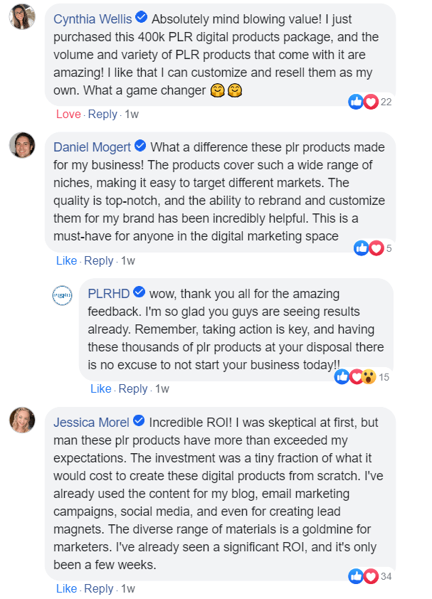 Screenshot of online testimonials about a digital PLR products package.