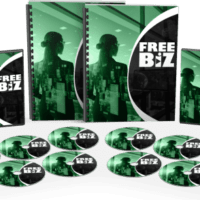 Collection of "Free Biz" branded books and DVDs.