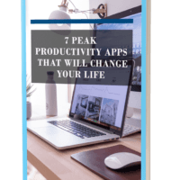 E-book cover titled '7 Peak Productivity Apps' on desk.