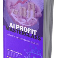 Book cover "AI Profit Masterclass" with coins and circuit graphics.