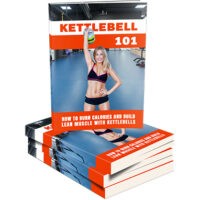 Kettlebell fitness book display with instructional banner.