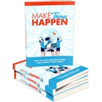 Make Things Happen" motivational book cover with people illustration.