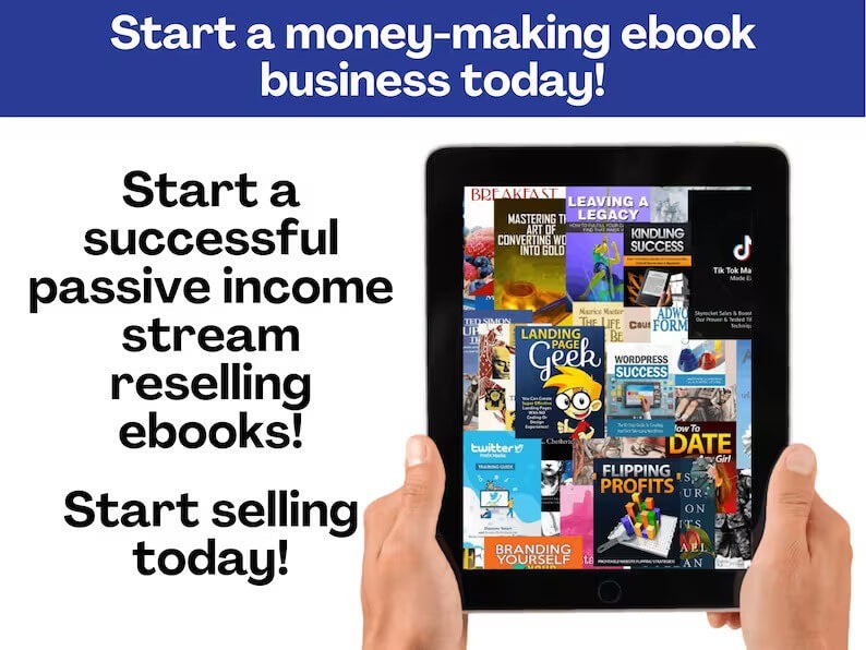 Hands holding tablet displaying diverse ebooks about business success.